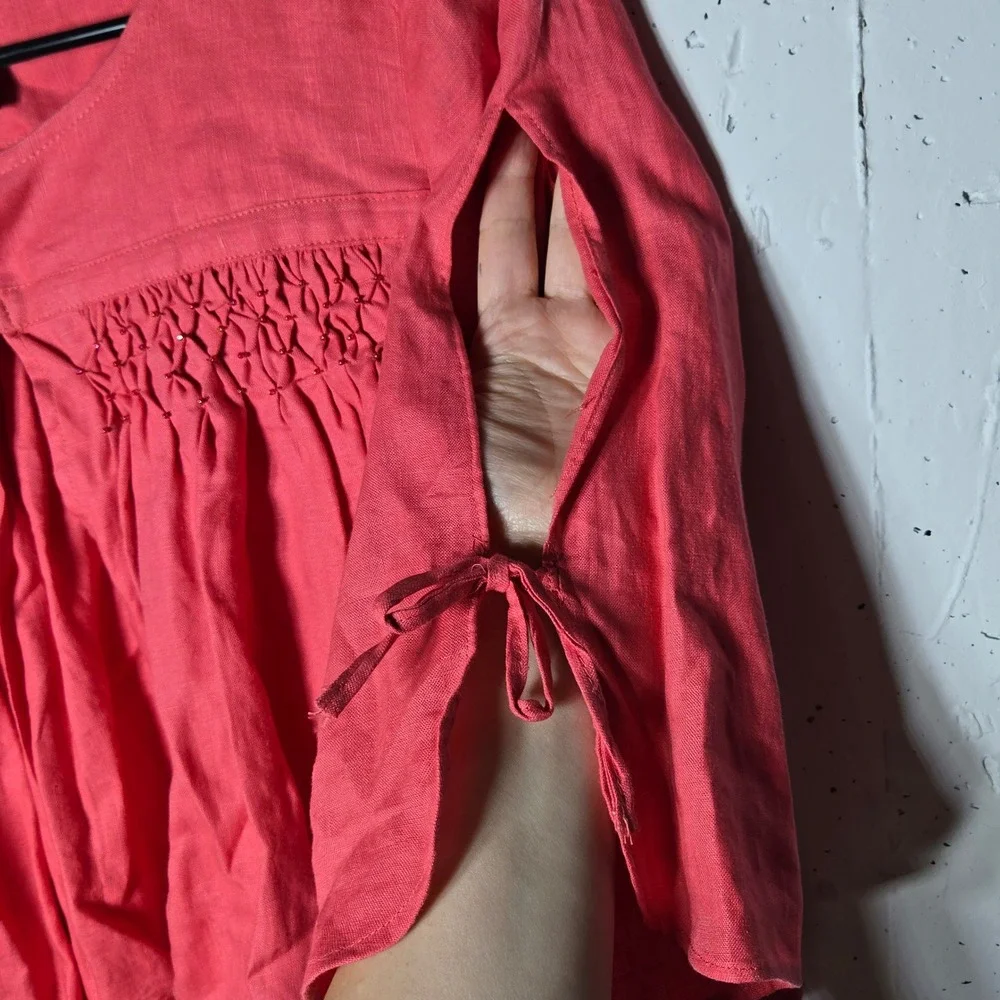 Grace‎ Elements 100% Linen Smocked Beaded Cropped Jacket 14 Coastal Breathable